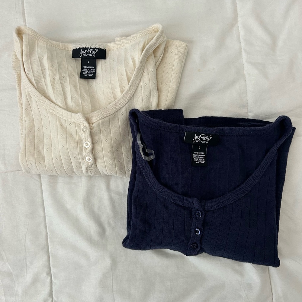 Cream and Navy Ribbed Button-Up Tops - Picture 8 of 8